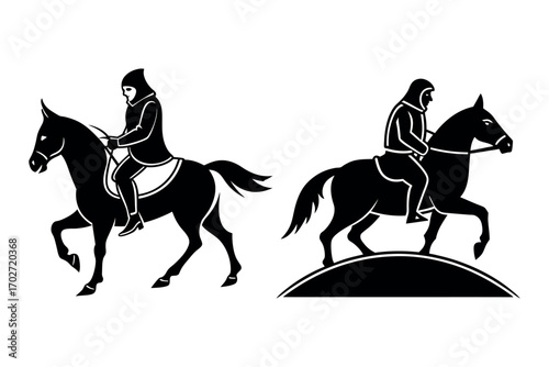 two knights riding horses in battle scene silhouette