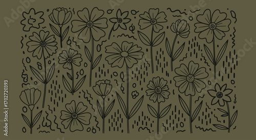 手描き落書き風の花と植物要素の花柄パターン｜装飾的で魅力的な背景デザイン