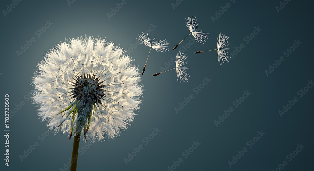 Fototapeta premium Serene Dandelion Seeds Dispersing: Soft Light, Teal Background, Nature Photography.