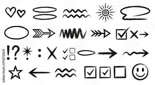 Dynamic collection of hand-drawn vector scribble graphics, including arrows, checkmarks, hearts, and speech bubbles, ideal for digital design and creative annotation projects
