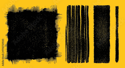 Versatile collection of textured black grunge design elements, featuring expressive brush strokes, abstract shapes, and linear patterns on a vibrant yellow background for modern graphic projects