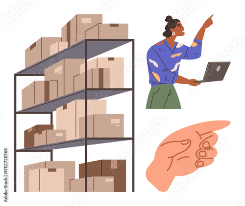 Woman holding laptop and pointing while checking inventory near tall shelves full of cardboard boxes. Ideal for logistics, supply management, warehouse operations, e-commerce, organization, teamwork