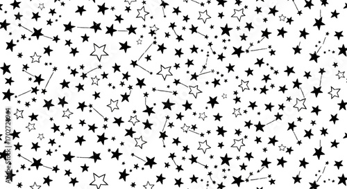 A mesmerizing and elegant seamless pattern design featuring a whimsical array of stylized black stars and delicate interconnected constellations scattered across a pristine white background