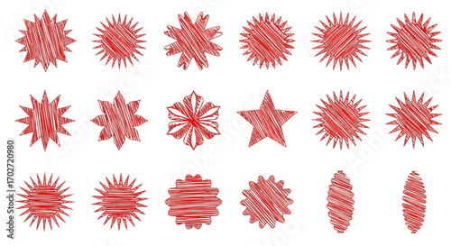 Collection of hand-drawn red scribble starburst and badge shapes, ideal for discount labels, sale tags, and promotional stickers with an artistic, textured design element