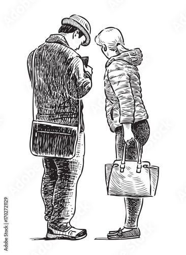 Couple of young people standing on city street and looking at smartphone, realistic sketch, vector hand drawn illustration on white background