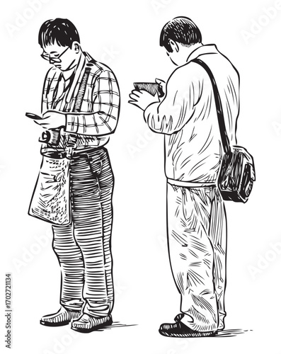 Two casual young men looking at smartphone, standing outdoors, tourists, realistic sketches, vector hand drawings isolated on white background