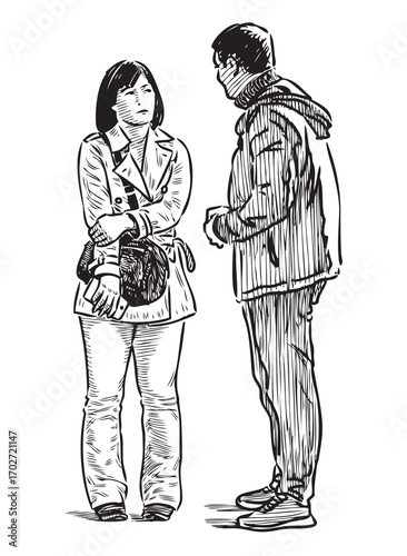 Couple of young people standing on city street and talking, realistic sketch, vector hand drawn illustration on white background