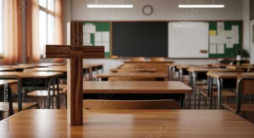 Wooden christian cross stands prominently on a desk in an empty classroom
