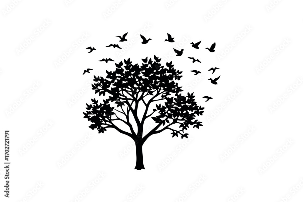 Obraz premium a tree with birds flying around it silhouette