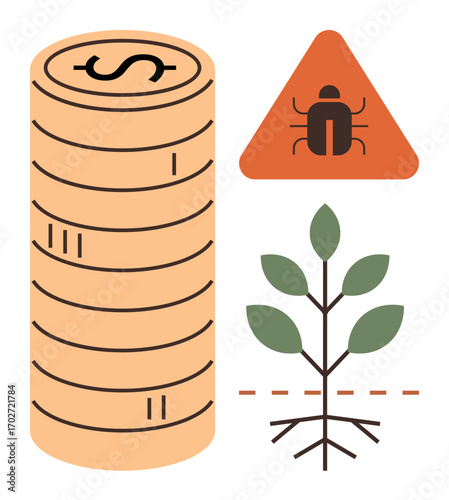 Stack of coins, warning sign with pest icon, plant with roots. Ideal for agriculture, finance, pest control, sustainability, economic impact, environmental awareness simple flat metaphor