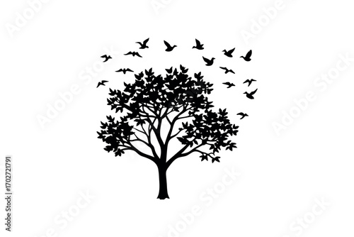 a tree with birds flying around it silhouette