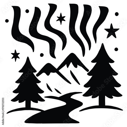 Silhouette of a winter landscape with mountains, pine trees, a river, and the aurora borealis