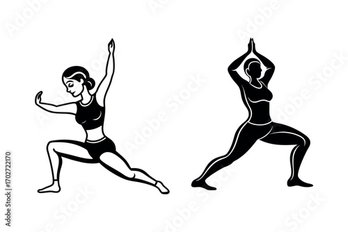 two women practicing yoga poses in silhouette