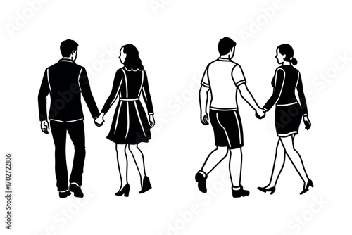 couples walking hand in hand showing affection silhouette