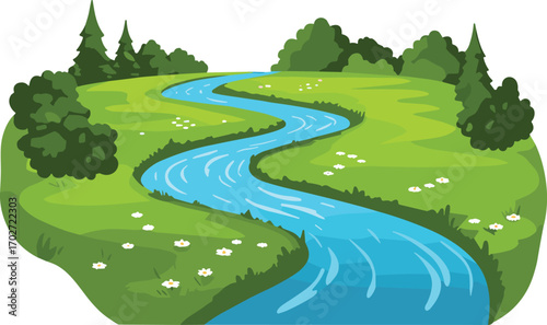Vector illustration of a winding river flowing through green landscape with trees, flowers, and grassy hills, peaceful nature scenery for background design.