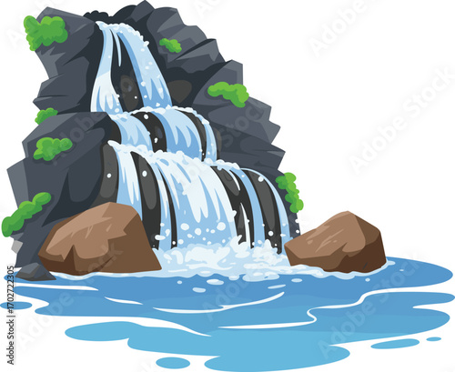 Vector illustration of small rocky waterfall with fresh water stream, mossy stones, and blue river pool, peaceful natural landscape for outdoor scenery.