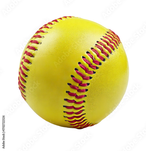 Close-up of a bright yellow softball.  Stitching is red