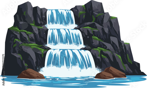 Vector illustration of a tiered waterfall cascading down rocky cliffs with flowing water, green moss details, natural landscape, peaceful nature, mountain scenery.