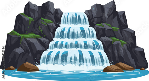 Vector illustration of a cascading waterfall flowing from rocky cliffs with green moss, natural water stream, mountain river, scenic outdoor landscape view.