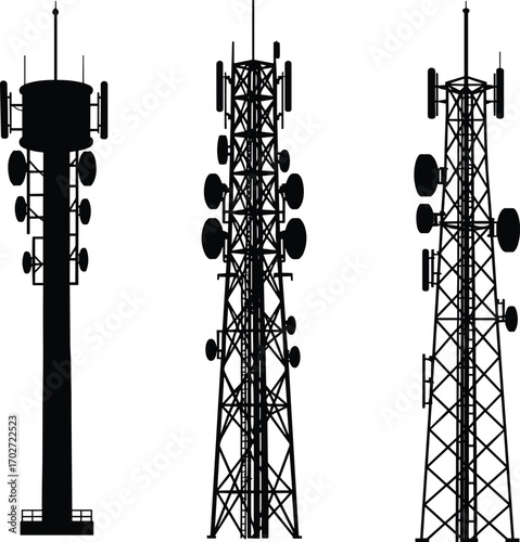 Vector illustration of communication towers with antennas and satellite dishes, wireless signal infrastructure for mobile networks, telecommunications, broadcasting, and modern technology concepts.