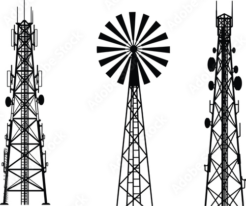 Vector silhouette illustration of communication towers, satellite antennas, and windmill structure for rural energy, mobile networks, and wireless signal infrastructure concepts.