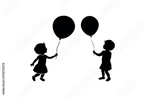 two children holding balloons with playful stance silhouette