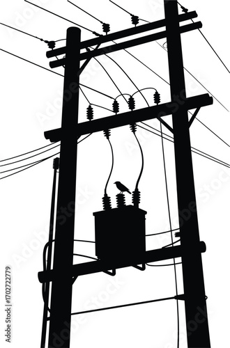Silhouette of electric utility pole with transformer and bird, high voltage power line structure, black and white vector illustration for energy concepts