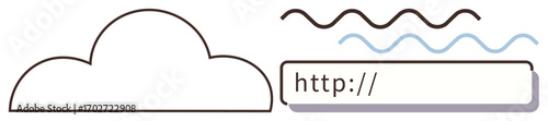 Cloud outline next to a URL bar, waves illustrating wireless signals. Ideal for technology, cloud computing, internet, web access, online storage, networking and digital services. Simple flat