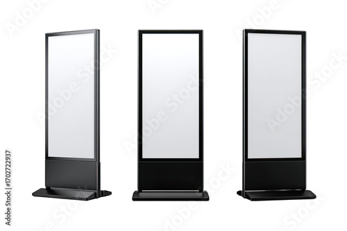 Three blank digital signage displays, standing upright, on dark bases