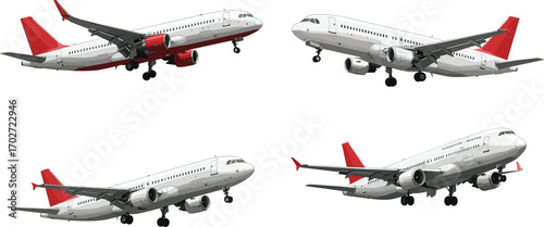 Set of airplane illustrations, various commercial jets in flight, side view and front view, modern aircraft design with red and white colors for travel concept