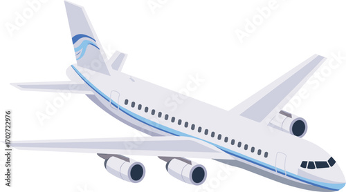 Modern airplane illustration, commercial jet aircraft side view, flying airplane design, aviation travel, airliner vector icon for travel and transport concepts.