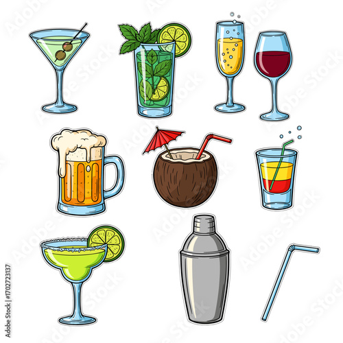 Set of  cocktail icons in hand drawn bright doodle style. Vector illustration with martini glass, mojito, wine glass, champagne, beer mug, coconut drink, shot glass, margarita, cocktail shaker, straw.