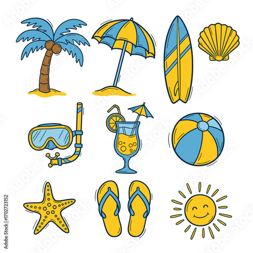 Set of  beach vacation icons in hand drawn yellow and blue doodle style. Vector illustration with palm tree, umbrella, surfboard, seashell, snorkel mask, beach ball, cocktail, starfish, flip flops, su