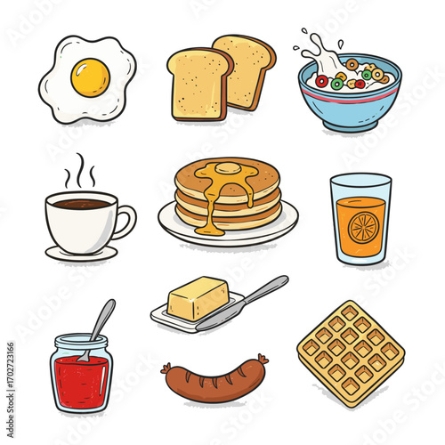 Set of  breakfast icons in hand drawn doodle style. Vector illustration with fried egg, toast, cereal bowl, pancakes, coffee cup, orange juice, butter, jam jar, sausage, waffle