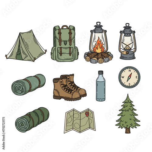 Set of  camping icons in hand drawn doodle style. Vector illustration with tent, campfire, backpack, lantern, compass, hiking boots, sleeping bag, mountain, river, marshmallow on stick.