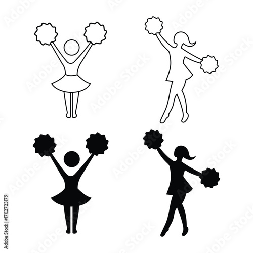Cheerleader Girl Icons in Action – Pom Pom Dance Vector Illustration
