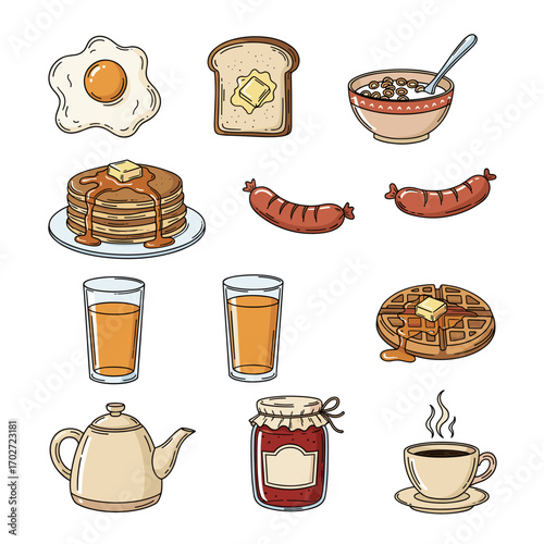 Set of  breakfast icons in hand drawn doodle style. Vector illustration with fried egg, toast, cereal bowl, pancake stack, sausage, orange juice, waffle, teapot, jam jar, coffee cup