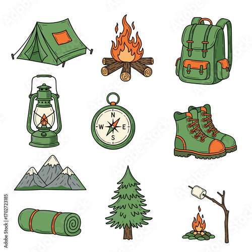 Set of  camping icons in hand drawn green and orange doodle style. Vector illustration with tent, campfire, backpack, lantern, compass, hiking boots, mountain, sleeping bag, tree, marshmallow stick.