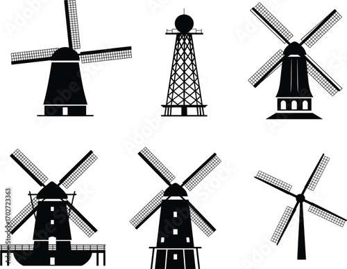 Set of windmill illustrations, black and white traditional windmills, energy towers, vintage mills, farm windmills, and mechanical wind power generation for historical and rural designs