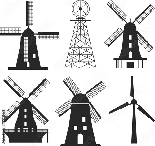 Set of windmill and energy tower illustrations, vintage black and white windmills, mechanical wind power generation, rural and historical windmills, and eco-friendly farm design