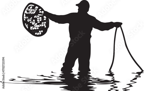 Silhouette of a fly fisherman holding a net in water fly fishing