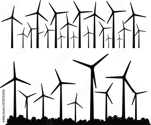 Collection of wind turbine silhouettes, windmill farm design, renewable energy concept, clean wind power generation, eco-friendly environmental technology, and sustainable energy solutions