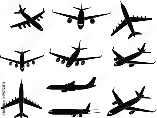 Set of airplane silhouettes, various jet aircraft shapes, black commercial airliners, aviation design, flight travel icons, transportation vector illustrations, and airliner graphics