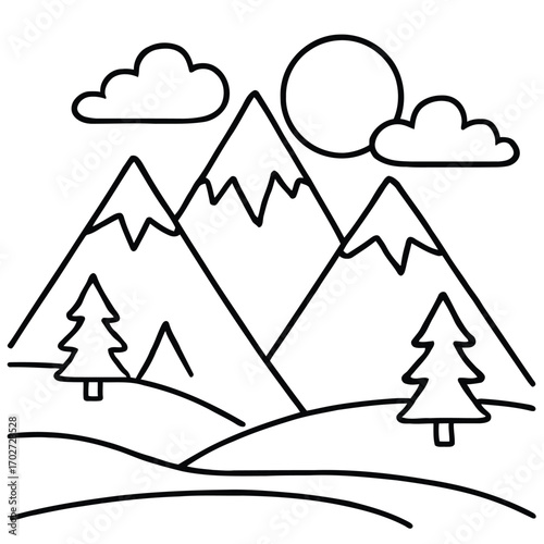 A serene mountain landscape with trees and clouds under the sun