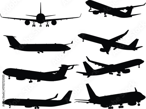 Set of airplane silhouettes, diverse commercial jet shapes, black aircraft vector illustrations, aviation designs, airliner, flight travel, and transportation icons for design projects