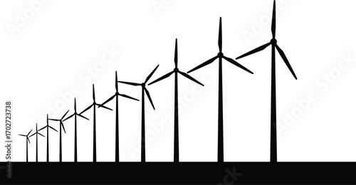 Wind turbine farm silhouettes, renewable energy concept, wind power generation, black vector illustration of windmills, environmental sustainability, clean energy for green technology design