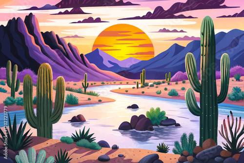 Desert canyon with tall cactus, dusty western mountains, dry riverbed and dramatic sunset sky