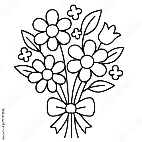 A colorful illustration of a bouquet flowers with a ribbon 1 (147).eps in a garden setting