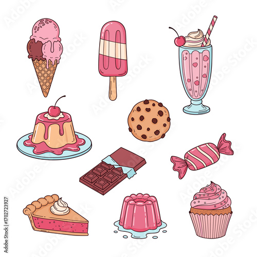 Set of  dessert icons in hand drawn pink and pastel doodle style. Vector illustration with ice cream cone, popsicle, milkshake, pudding, cookie, chocolate bar, candy, pie slice, jelly, cupcake.