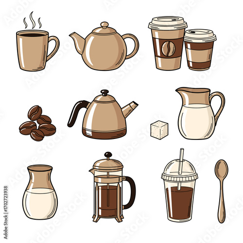 Set of  coffee and tea icons in hand drawn brown and cream doodle style. Vector illustration with mugs, teapot, takeaway cups, coffee beans, kettle, milk jug, sugar cube, french press, straw cup, spoo
